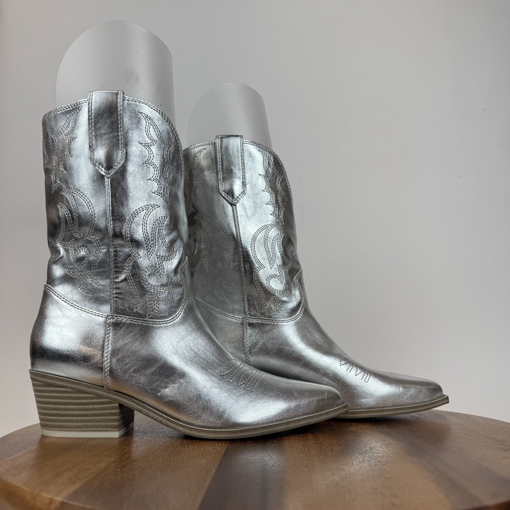 New Womens Nine West Yodown Silver Faux Leather Western Cowboy Boots Size 9 M‎